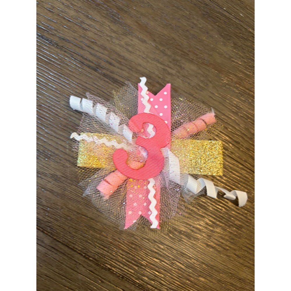 Unbranded 3rd Birthday Hair Clip Girls OS Pink Gold Glitter Tulle Korker Bow